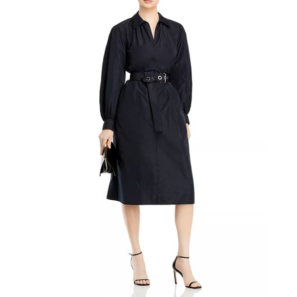 Lafayette 148 New York Porter Belted Dress Medium Long Sleeve Collared Black - Picture 2 of 12